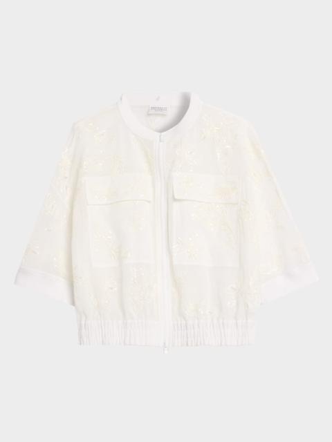 Brunello Cucinelli Broderie Anglaise Cotton Organza 3/4-Sleeve Zip Jacket