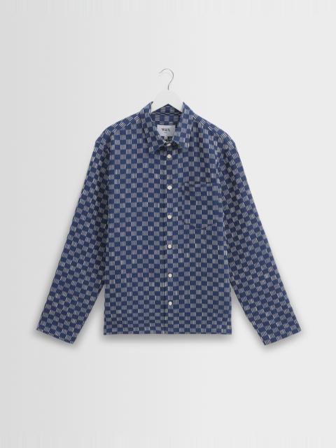 Wax London Breton - Indigo And Ecru Geometric Grid Stitch Overshirt