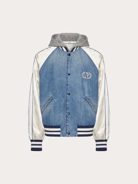Valentino DENIM BOMBER JACKET WITH SATIN SLEEVES AND VLOGO SIGNATURE PATCH