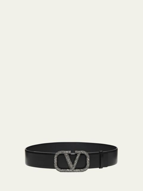 Embellished V-Logo Smooth Leather Belt