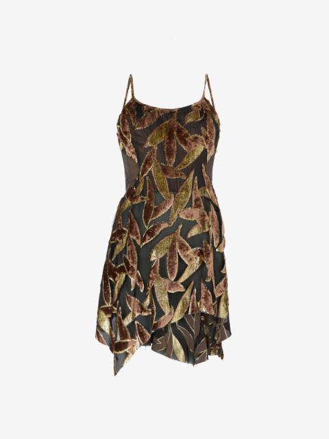 Roberto Cavalli Chocolate Sheer Mini Dress with Foliage Motif