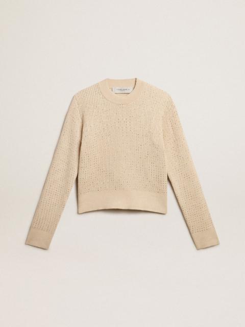 Cropped round-neck sweater in beige wool with all-over crystals