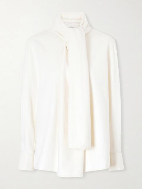 Another Tomorrow Pussy-bow Cotton-chambray Blouse