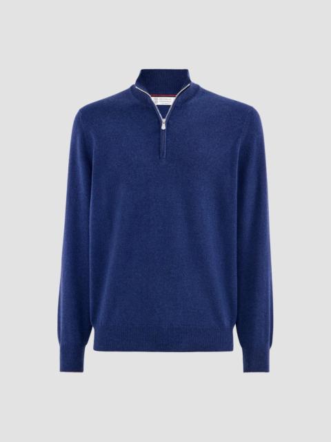 Brunello Cucinelli Men's Cashmere Sweater with Half Zip - Blue