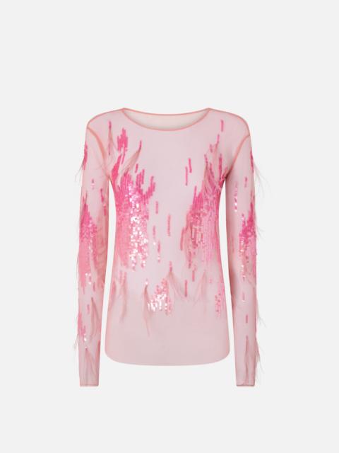 PINKO SHEER SWEATER WITH SEQUINS AND FEATHERS