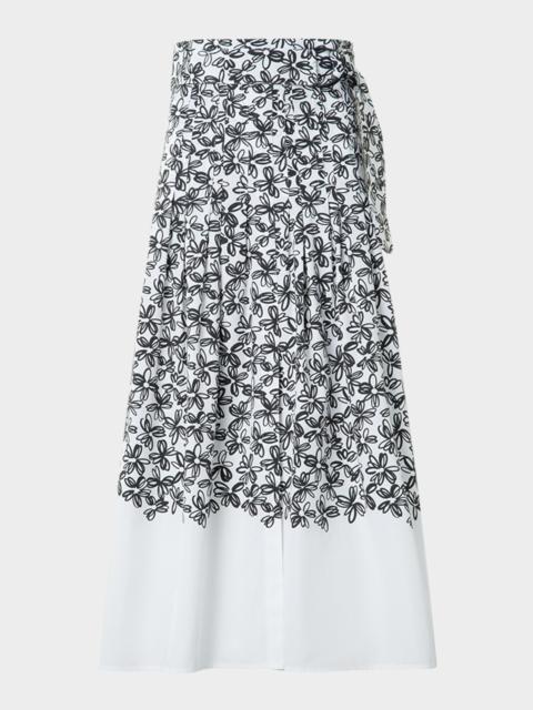 AKRIS Daisy-Print Cotton Poplin Pleated Midi Skirt With Belt