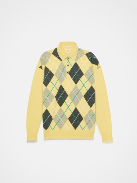JW Anderson WOMENS JW ANDERSON X PRINGLE KNITTED ARGYLE POLO TOP IN SOFT YELLOW