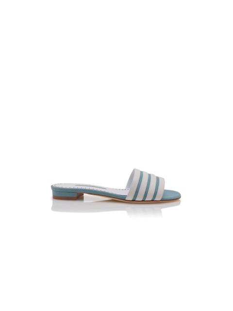 Manolo Blahnik Light Blue And White Linen Flat Mules