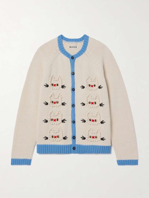 Calico pompom-embellished embroidered alpaca and merino wool-blend cardigan