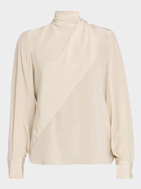 Brunello Cucinelli Silk Draped Long-Sleeve Blouse