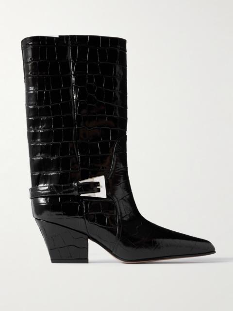 PARIS TEXAS Jane Buckled Croc-effect Glossed-leather Knee Boots