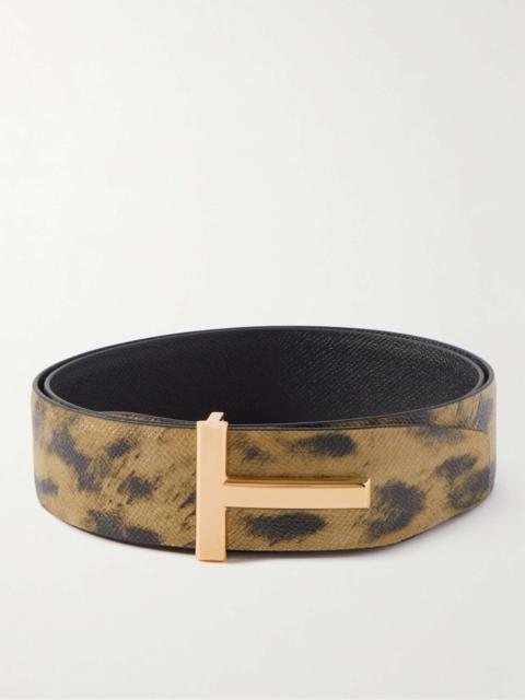 4cm Reversible Distressed Leopard-Print Full-Grain Leather Belt