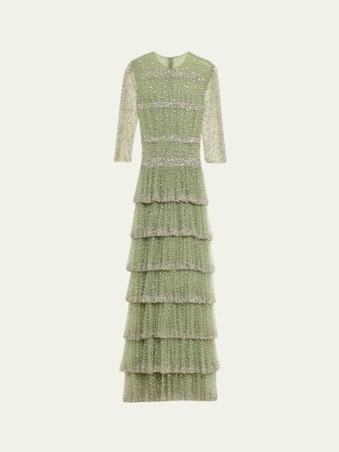 COSTARELLOS Solene Crystal Tiered Ruffle Gown