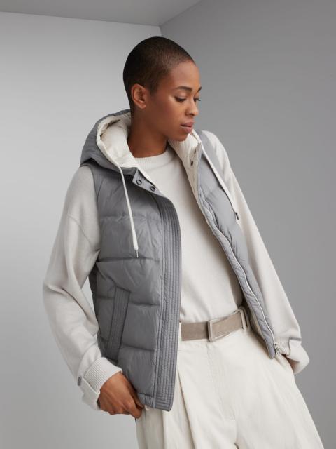 Brunello Cucinelli Lightweight matte nylon down vest with hood and shiny trim