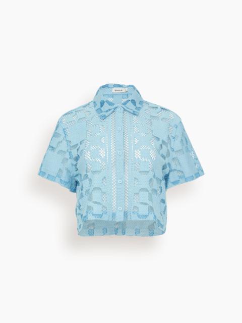SIMKHAI Makaia Cropped Short Sleeve Button Down Shirt in Azure Sky Multi