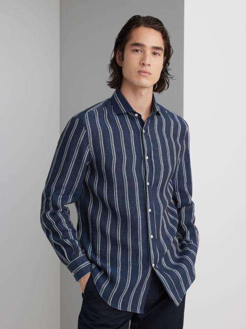 Multi stripe linen easy fit shirt with spread collar