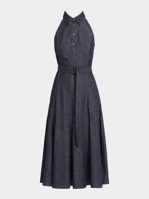 Brunello Cucinelli Sleeveless Linen Denim Belted Midi Shirtdress