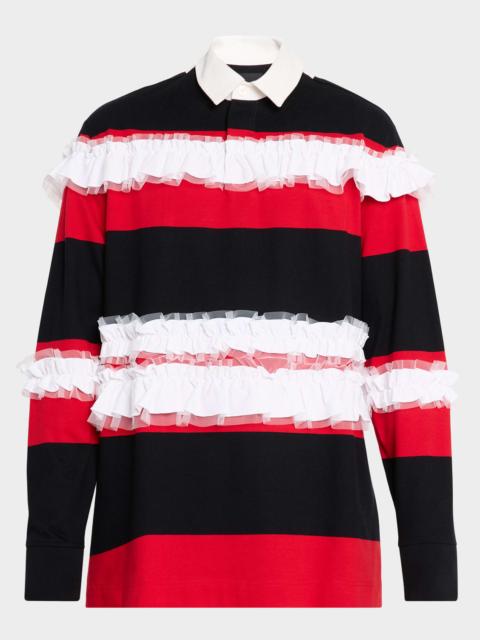 Simone Rocha Men's Stripe Ruffle-Trim Long-Sleeve Polo Shirt