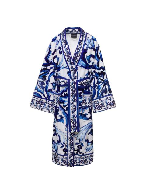 Dolce & Gabbana Multicolor Kimono Bathrobe With All-over Blu Mediterraneo Print In Cotton Dolce & Gabbana