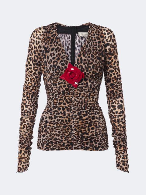 Blumarine Floral-appliqué leopard-print jersey top