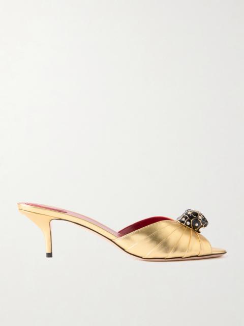 Valentino Panthea 55 Embellished Gathered Metallic-leather Mules