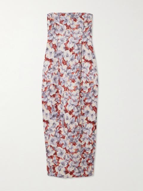 POSSE Rosalie Strapless Pleated Floral-print Linen Midi Dress