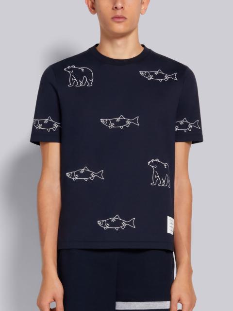 Thom Browne Navy Medium Weight Jersey Bear and Salmon Half Drop Embroidery Short Sleeve Tee