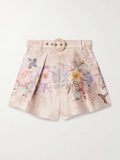 Zimmermann Illuminate belted pleated floral-print silk and cotton-blend shorts Blush