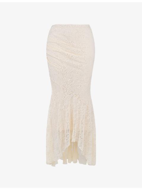 House of CB Therese asymmetric-hem stretch-lace maxi skirt