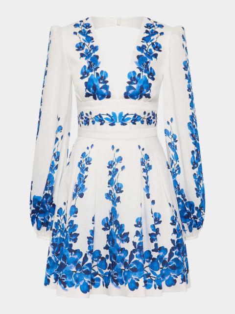 REBECCA VALLANCE Orchid Printed Mini V-Neck Fit-and-Flare Dress