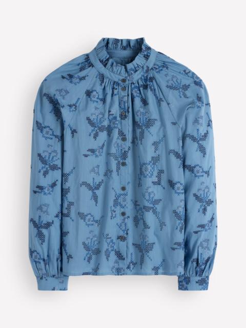 BODEN Erica Cotton Frill Top-Blue, Cross Stitch Floral