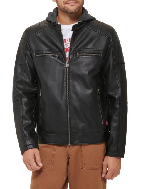 Faux Leather Hooded Moto Racer Jacket