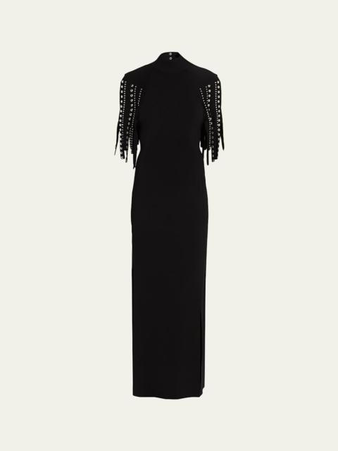 Lanvin Mock-Neck Studded Fringe Capelet Maxi Dress