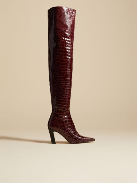 The Marfa Over-the-Knee High Boot in Bordeaux Croc-Embossed Leather Jo