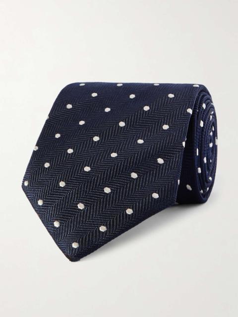 8cm Polka-Dot Embroidered Herringbone Silk Tie