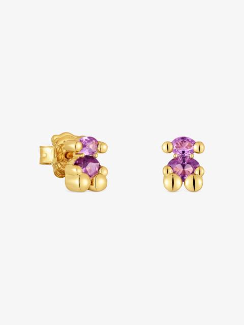 TOUS 8 mm 18K gold vermeil bear motif Earrings with lab-grown lilac-colored sapphire Color Bear LGG