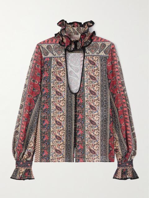 Valentino Ruffled Cutout Satin-trimmed Metallic Printed Cotton-blend Blouse