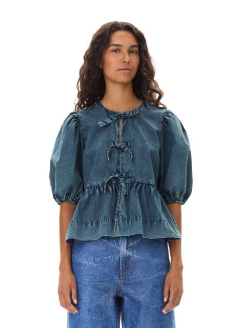 BLUE COTTON POPLIN PEPLUM TIE BLOUSE