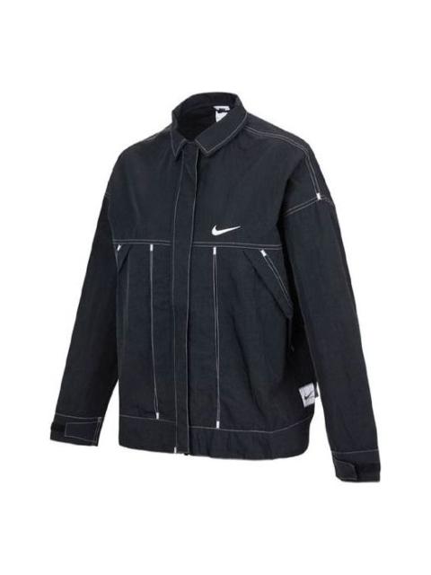 Nike (WMNS) Nike SS22 Sportswear Swoosh Back Logo Printing Woven Jacket Autumn Black DM6204-010