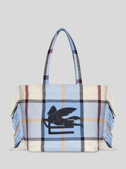 LARGE CHECK JACQUARD SOFT TROTTER TOTE BAG WITH FRINGING