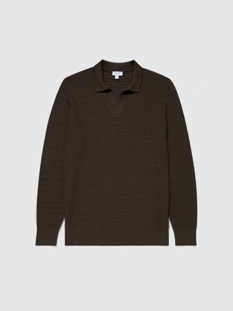 Sunspel Long Sleeve Textured Cotton Polo Shirt