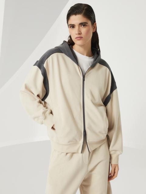 Cotton smooth French terry hooded sweatshirt with zipper and shiny trim