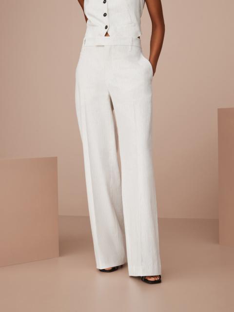 Striped comfort linen and cotton loose flared trousers with monili