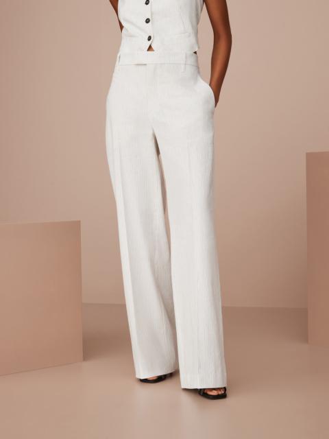 Brunello Cucinelli Striped comfort linen and cotton loose flared trousers with monili