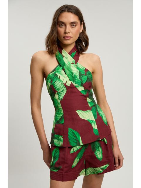 KAREN MILLEN Viscose Linen Palm Tree Halterneck Woven Top