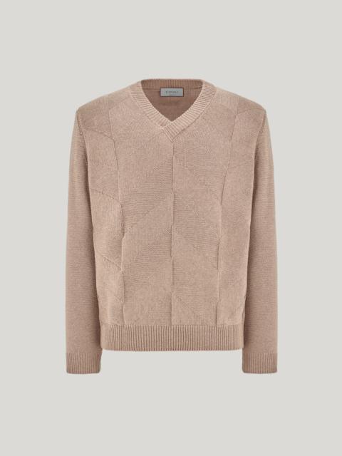 Canali TAUPE COTTON AND SILK V-NECK SWEATER WITH STRUCTURED PATTERN