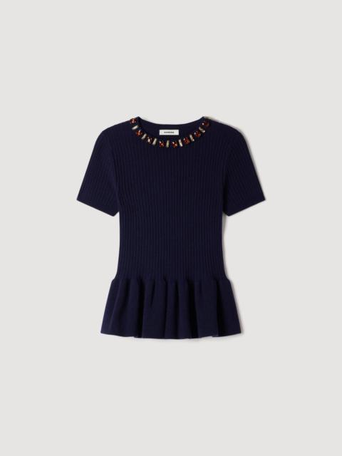 Sandro PEPLUM SWEATER WITH RHINESTONE NECKLINE