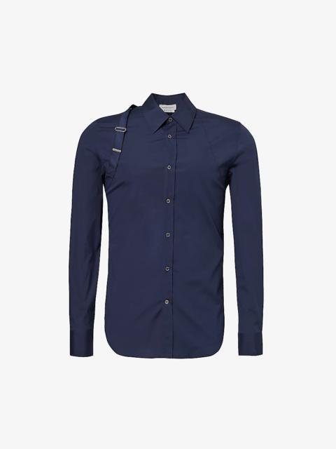 Harness-strap tonal-panel slim-fit stretch-cotton shirt