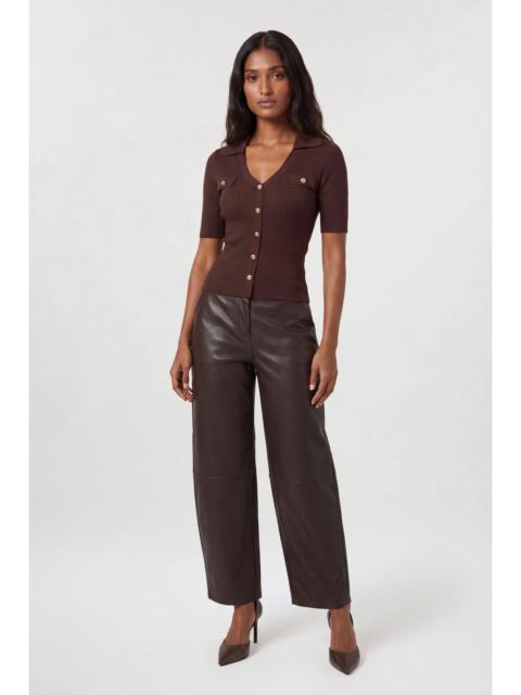 KAREN MILLEN Military Trim Rib Knit Short Sleeve Collared Top