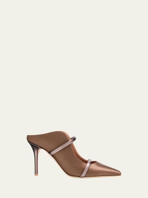 MALONE SOULIERS 85mm Maureen Satin Mules with Double Metallic Nappa Leather Straps